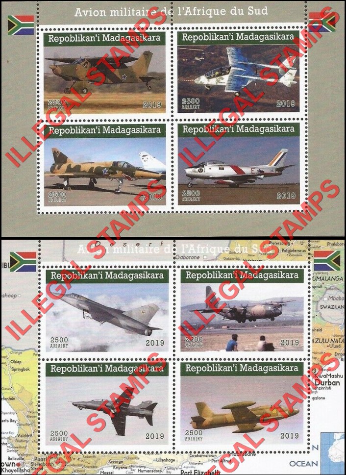 Madagascar 2019 South African Military Planes Illegal Stamp Souvenir Sheets of 4 Madagascar 2019 South African Military Planes Illegal Stamp Souvenir Sheets of 4