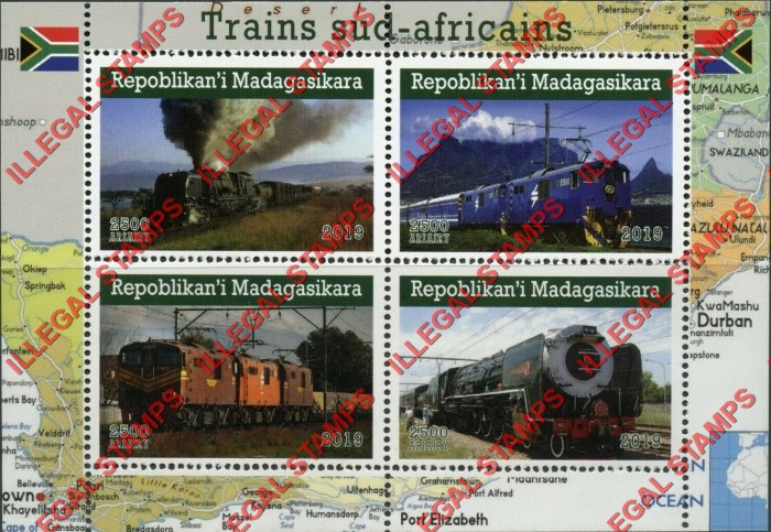 Madagascar 2019 South African Trains Illegal Stamp Souvenir Sheets of 4 Madagascar 2019 South African Trains Illegal Stamp Souvenir Sheets of 4