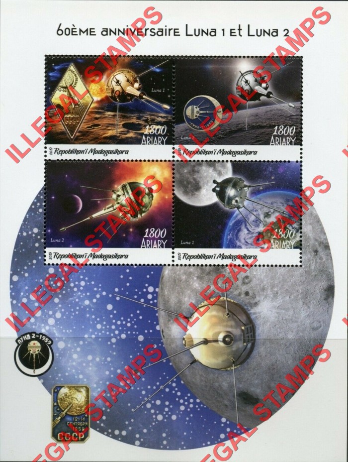 Madagascar 2019 Space Luna 1 and Luna 2 Illegal Stamp Souvenir Sheet of 4 Madagascar 2019 Space Luna 1 and Luna 2 Illegal Stamp Souvenir Sheet of 4