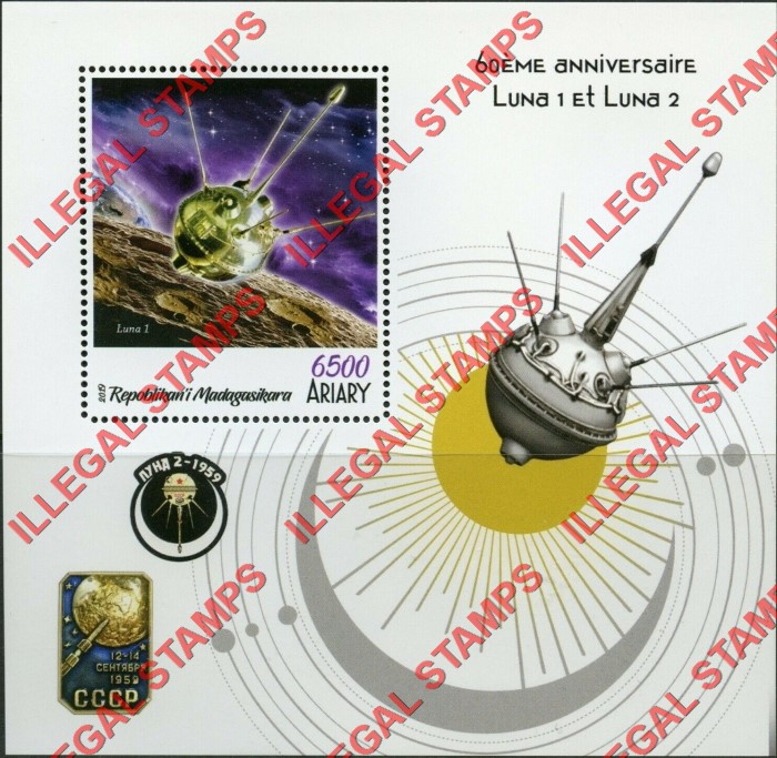 Madagascar 2019 Space Luna 1 and Luna 2 Illegal Stamp Souvenir Sheet of 1 Madagascar 2019 Space Luna 1 and Luna 2 Illegal Stamp Souvenir Sheet of 1