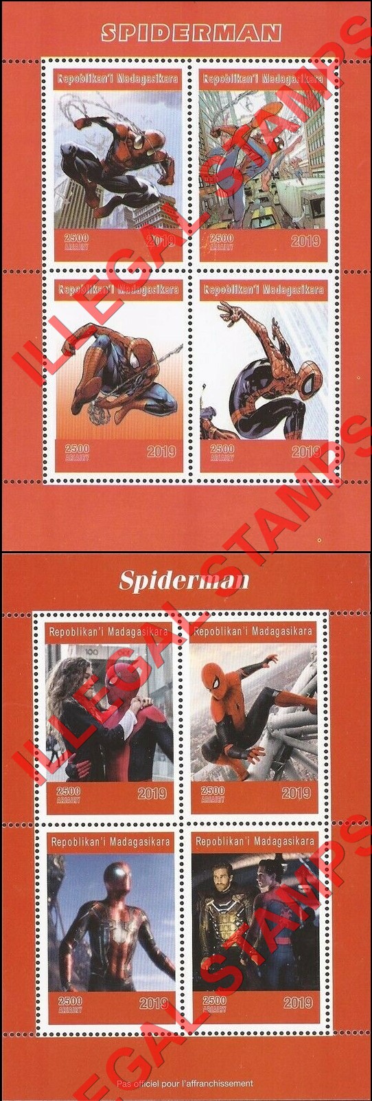 Madagascar 2019 Spiderman Illegal Stamp Souvenir Sheets of 4 Madagascar 2019 Spiderman Illegal Stamp Souvenir Sheets of 4