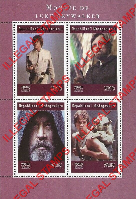Madagascar 2019 Star Wars Luke Skywalker Illegal Stamp Souvenir Sheet of 4 Madagascar 2019 Star Wars Luke Skywalker Illegal Stamp Souvenir Sheet of 4