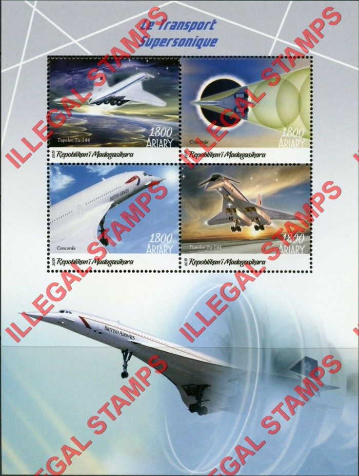 Madagascar 2019 Supersonic Transport Illegal Stamp Souvenir Sheet of 4 Madagascar 2019 Supersonic Transport Illegal Stamp Souvenir Sheet of 4