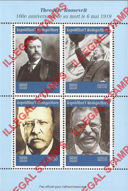 Madagascar 2019 Theodore Roosevelt Illegal Stamp Souvenir Sheet of 4 Madagascar 2019 Theodore Roosevelt Illegal Stamp Souvenir Sheet of 4