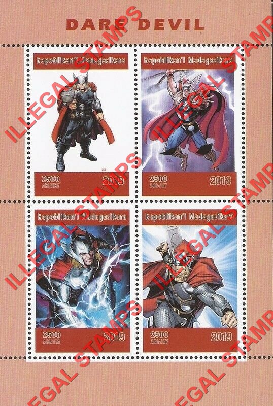 Madagascar 2019 Thor Dare Devil Blunder Illegal Stamp Souvenir Sheet of 4 Madagascar 2019 Thor Dare Devil Blunder Illegal Stamp Souvenir Sheet of 4
