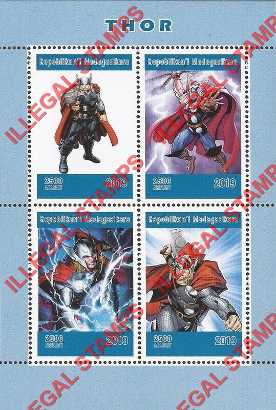Madagascar 2019 Thor Illegal Stamp Souvenir Sheet of 4 Madagascar 2019 Thor Illegal Stamp Souvenir Sheet of 4