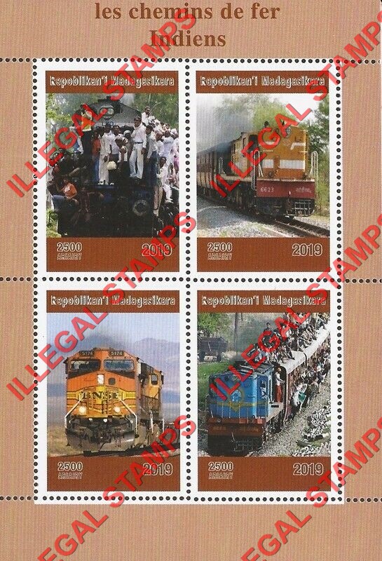 Madagascar 2019 Trains in India Illegal Stamp Souvenir Sheet of 4 Madagascar 2019 Trains in India Illegal Stamp Souvenir Sheet of 4
