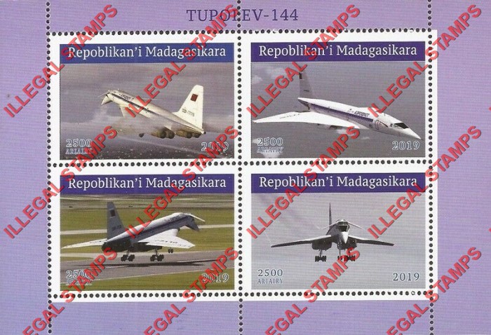 Madagascar 2019 Tupolev-144 Supersonic Jets Illegal Stamp Souvenir Sheet of 4 Madagascar 2019 Tupolev-144 Supersonic Jets Illegal Stamp Souvenir Sheet of 4