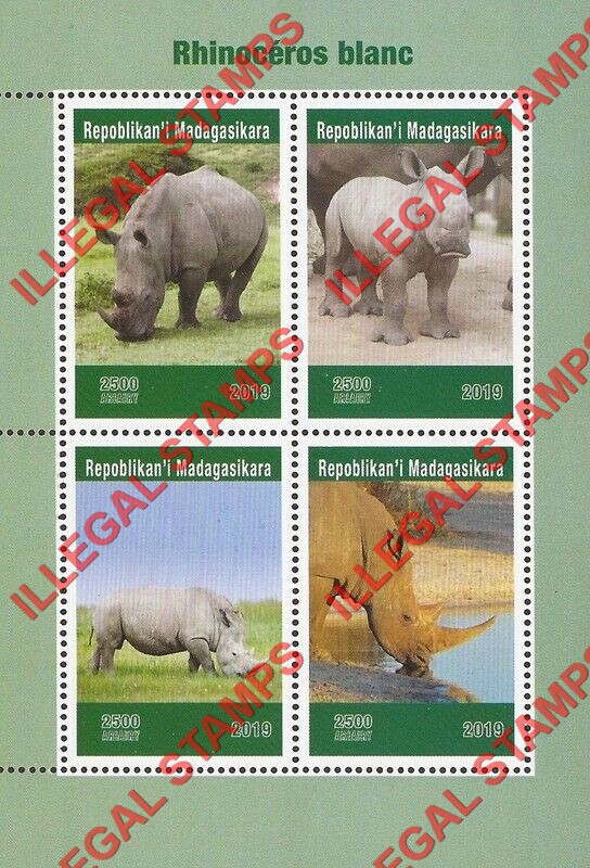 Madagascar 2019 White Rhinoceros Illegal Stamp Souvenir Sheet of 4 Madagascar 2019 White Rhinoceros Illegal Stamp Souvenir Sheet of 4