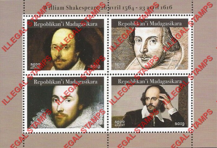 Madagascar 2019 William Shakespeare Illegal Stamp Souvenir Sheet of 4 Madagascar 2019 William Shakespeare Illegal Stamp Souvenir Sheet of 4