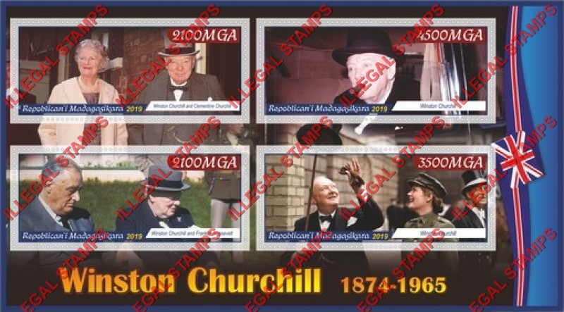 Madagascar 2019 Winston Churchill Illegal Stamp Souvenir Sheet of 4 Madagascar 2019 Winston Churchill Illegal Stamp Souvenir Sheet of 4