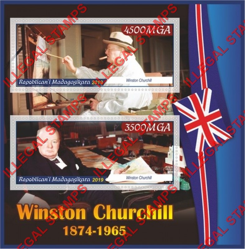 Madagascar 2019 Winston Churchill Illegal Stamp Souvenir Sheet of 2 Madagascar 2019 Winston Churchill Illegal Stamp Souvenir Sheet of 2