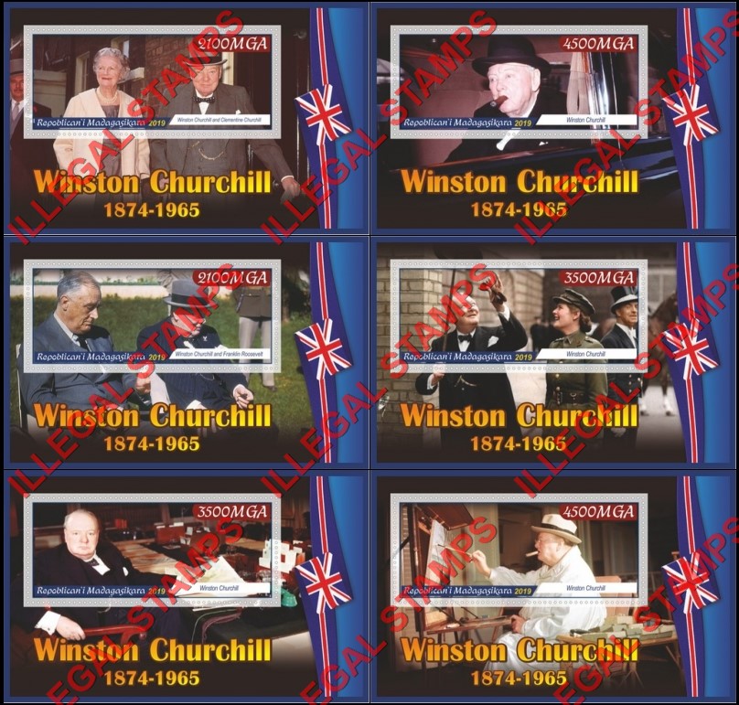 Madagascar 2019 Winston Churchill Illegal Stamp Souvenir Sheets of 1 Madagascar 2019 Winston Churchill Illegal Stamp Souvenir Sheets of 1