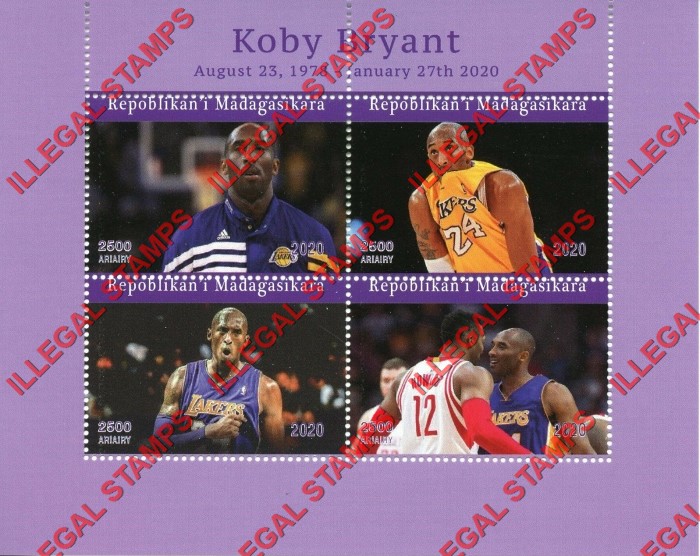 Madagascar 2020 Basketball Kobe Bryant (spelled Koby) Illegal Stamp Souvenir Sheet of 4