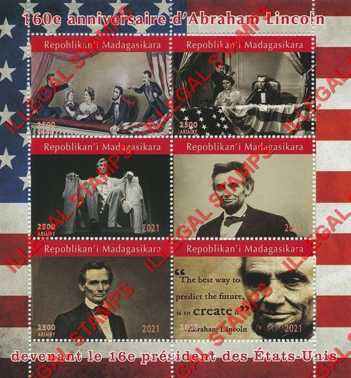 Madagascar 2021 Abraham Lincoln Illegal Stamp Souvenir Sheet of 6 Madagascar 2021 Abraham Lincoln Illegal Stamp Souvenir Sheet of 6