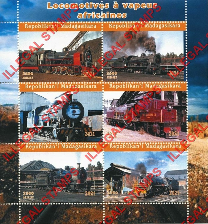 Madagascar 2021 African Steam Locomotives Illegal Stamp Souvenir Sheet of 6 Madagascar 2021 African Steam Locomotives Illegal Stamp Souvenir Sheet of 6