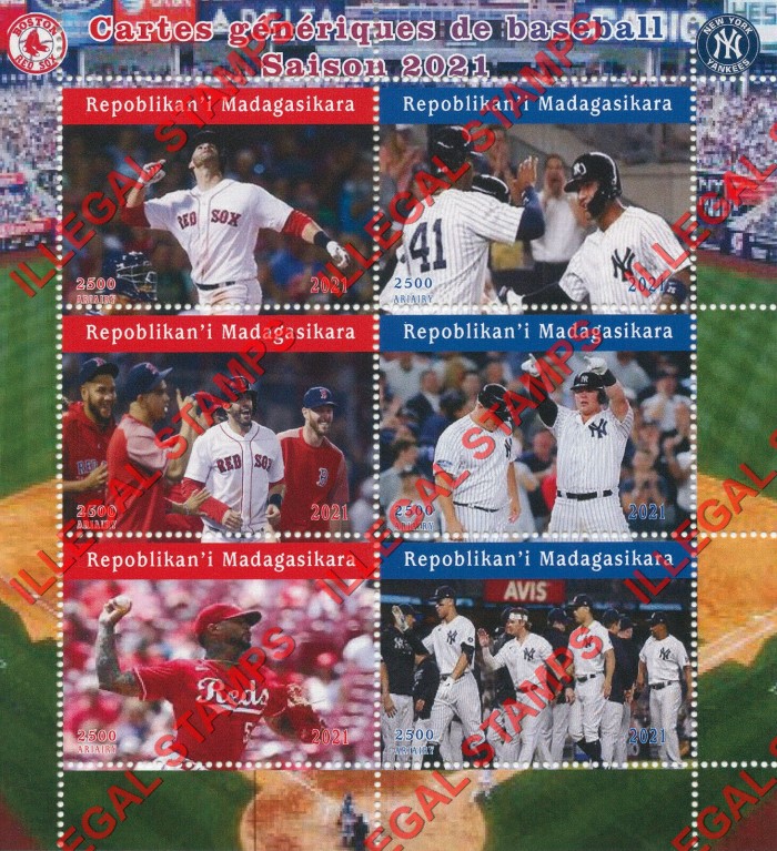 Madagascar 2021 Baseball Generic Baseball Season 2021 Cards Illegal Stamp Souvenir Sheet of 6 Madagascar 2021 Baseball Generic Baseball Season 2021 Cards Illegal Stamp Souvenir Sheet of 6