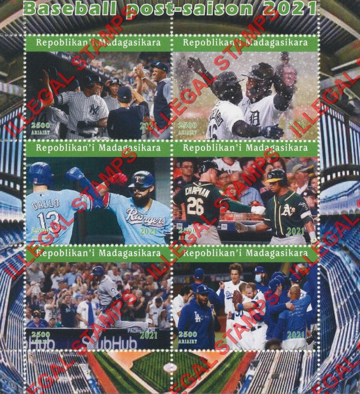 Madagascar 2021 Baseball Post-Season Illegal Stamp Souvenir Sheet of 6 Madagascar 2021 Baseball Post-Season Illegal Stamp Souvenir Sheet of 6