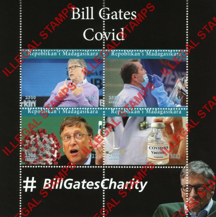 Madagascar 2021 Bill Gates Covid-19 Illegal Stamp Souvenir Sheet of 4 Madagascar 2021 Bill Gates Covid-19 Illegal Stamp Souvenir Sheet of 4