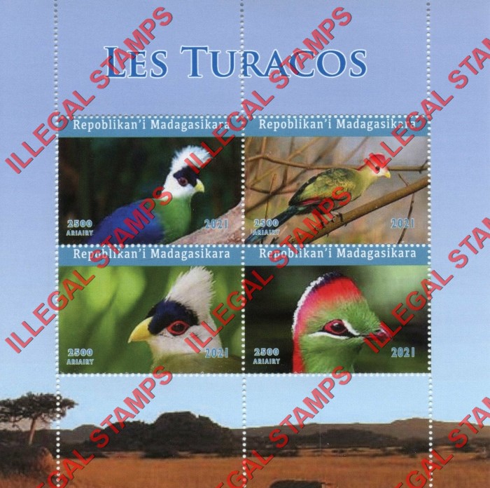 Madagascar 2021 Birds Turacos Illegal Stamp Souvenir Sheet of 4 Madagascar 2021 Birds Turacos Illegal Stamp Souvenir Sheet of 4