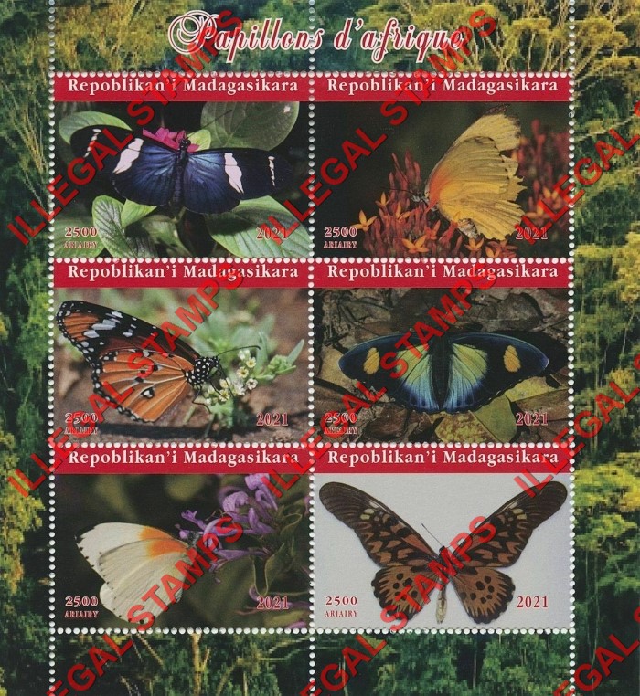 Madagascar 2021 Butterflies of Africa Illegal Stamp Souvenir Sheet of 6 Madagascar 2021 Butterflies of Africa Illegal Stamp Souvenir Sheet of 6