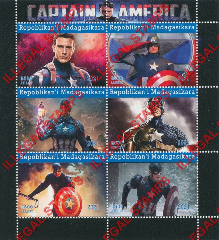 Madagascar 2021 Captain America Marvel Comics Illegal Stamp Souvenir Sheets of 6 Madagascar 2021 Captain America Marvel Comics Illegal Stamp Souvenir Sheets of 6