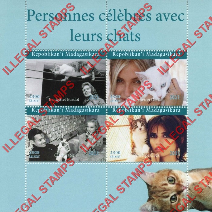 Madagascar 2021 Celebrites with Cats Illegal Stamp Souvenir Sheet of 4 Madagascar 2021 Celebrites with Cats Illegal Stamp Souvenir Sheet of 4