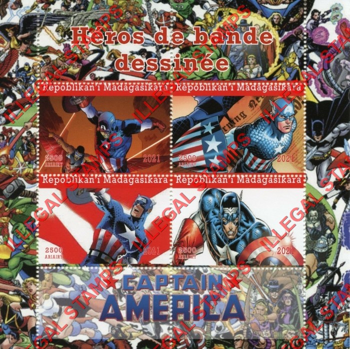 Madagascar 2021 Comic Heroes Captain America Illegal Stamp Souvenir Sheet of 4 Madagascar 2021 Comic Heroes Captain America Illegal Stamp Souvenir Sheet of 4