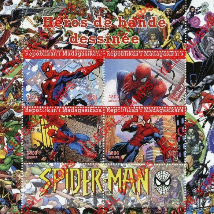Madagascar 2021 Comic Heroes Spiderman Illegal Stamp Souvenir Sheet of 4 Madagascar 2021 Comic Heroes Spiderman Illegal Stamp Souvenir Sheet of 4