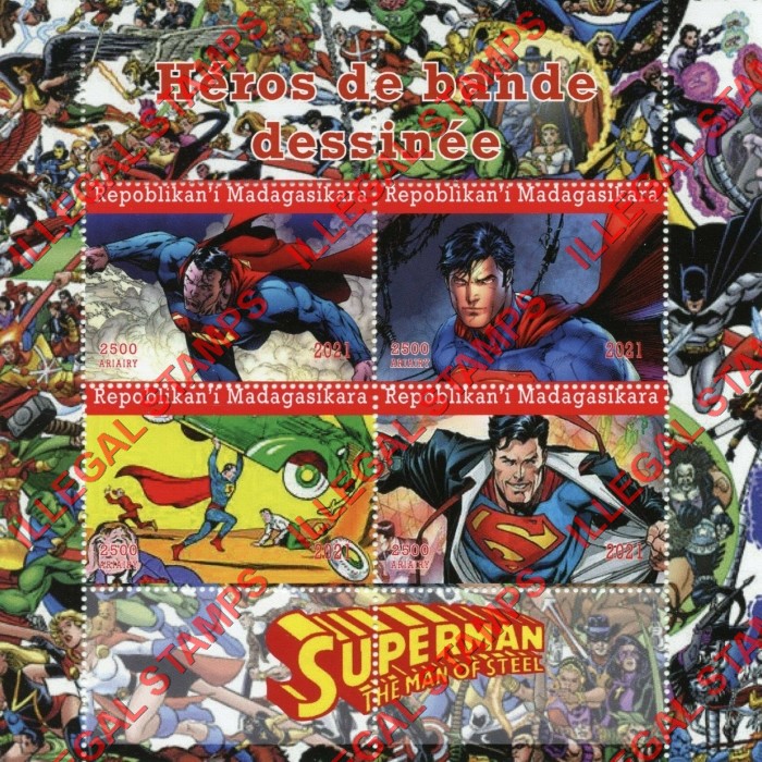 Madagascar 2021 Comic Heroes Superman Illegal Stamp Souvenir Sheet of 4 Madagascar 2021 Comic Heroes Superman Illegal Stamp Souvenir Sheet of 4