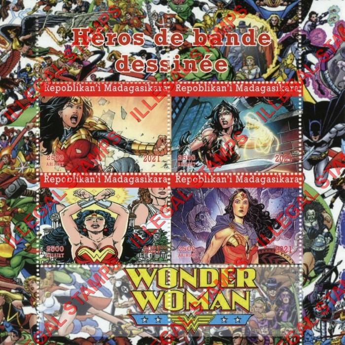 Madagascar 2021 Comic Heroes Wonder Woman Illegal Stamp Souvenir Sheet of 4 Madagascar 2021 Comic Heroes Wonder Woman Illegal Stamp Souvenir Sheet of 4