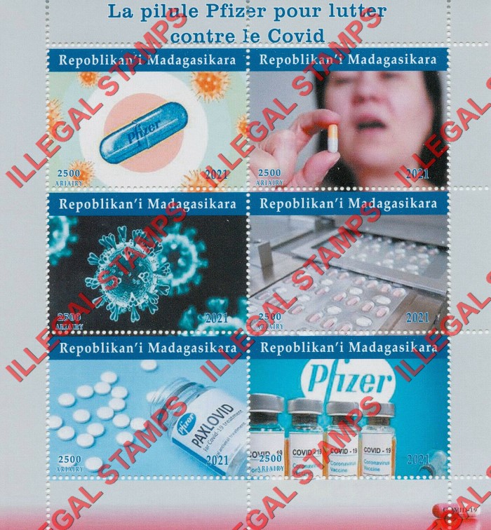 Madagascar 2021 Covid-19 Pfizer Vaccine Illegal Stamp Souvenir Sheet of 6 Madagascar 2021 Covid-19 Pfizer Vaccine Illegal Stamp Souvenir Sheet of 6
