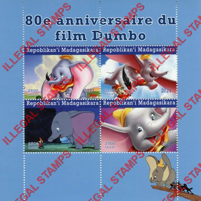 Madagascar 2021 Dumbo Illegal Stamp Souvenir Sheet of 4 Madagascar 2021 Dumbo Illegal Stamp Souvenir Sheet of 4