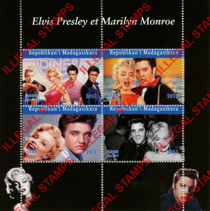 Madagascar 2021 Elvis Presley and Marilyn Monroe Illegal Stamp Souvenir Sheet of 4 Madagascar 2021 Elvis Presley and Marilyn Monroe Illegal Stamp Souvenir Sheet of 4
