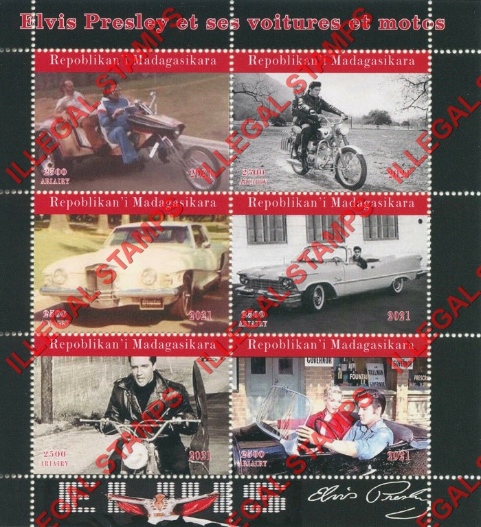 Madagascar 2021 Elvis Presley and his Cars and Motorcycles Illegal Stamp Souvenir Sheets of 6 Madagascar 2021 Elvis Presley and his Cars and Motorcycles Illegal Stamp Souvenir Sheets of 6