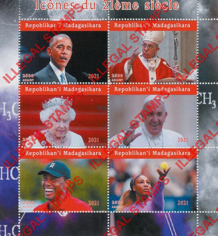 Madagascar 2021 Icons of the 21st Century Illegal Stamp Souvenir Sheet of 6 Madagascar 2021 Icons of the 21st Century Illegal Stamp Souvenir Sheet of 6