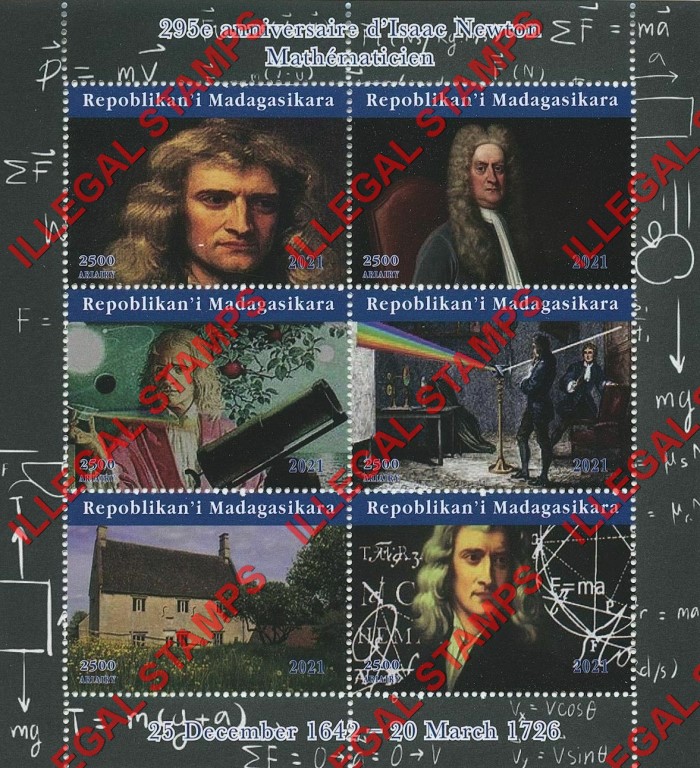 Madagascar 2021 Isaac Newton Illegal Stamp Souvenir Sheet of 6 Madagascar 2021 Isaac Newton Illegal Stamp Souvenir Sheet of 6