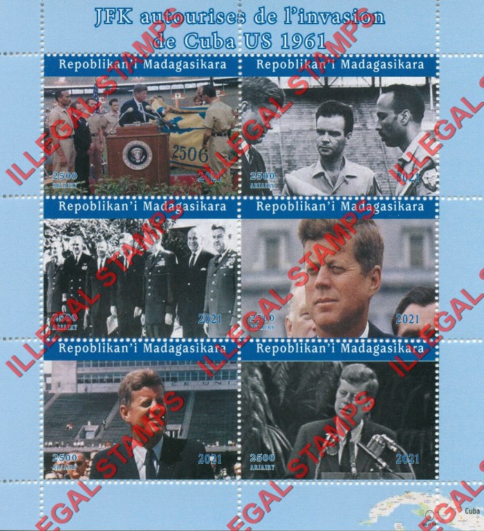 Madagascar 2021 John F. Kennedy Invasion of Cuba Bay of Pigs Illegal Stamp Souvenir Sheet of 6 (Sheet 1) Madagascar 2021 John F. Kennedy Invasion of Cuba Bay of Pigs Illegal Stamp Souvenir Sheet of 6 (Sheet 1)