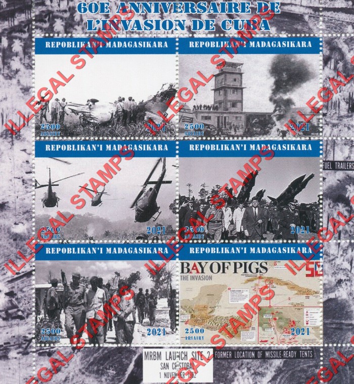 Madagascar 2021 John F. Kennedy Invasion of Cuba Bay of Pigs Illegal Stamp Souvenir Sheet of 6 (Sheet 2) Madagascar 2021 John F. Kennedy Invasion of Cuba Bay of Pigs Illegal Stamp Souvenir Sheet of 6 (Sheet 2)