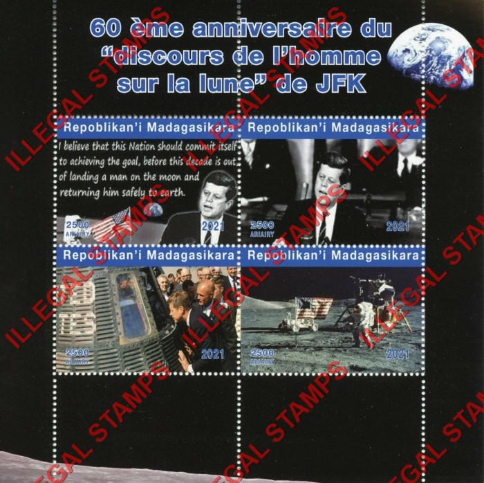 Madagascar 2021 John F. Kennedy Moon Landing Illegal Stamp Souvenir Sheet of 4 Madagascar 2021 John F. Kennedy Moon Landing Illegal Stamp Souvenir Sheet of 4