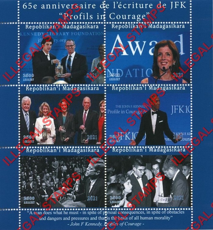 Madagascar 2021 John F. Kennedy Profiles of Courage Awards Illegal Stamp Souvenir Sheet of 6 Madagascar 2021 John F. Kennedy Profiles of Courage Awards Illegal Stamp Souvenir Sheet of 6
