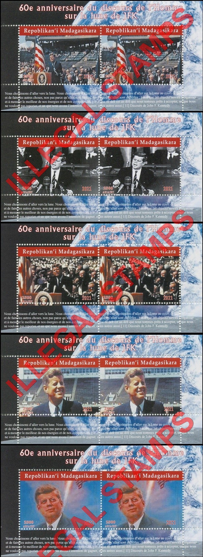 Madagascar 2021 John F. Kennedy First Man on the Moon Speech Illegal Stamp Souvenir Sheets of 2 Madagascar 2021 John F. Kennedy First Man on the Moon Speech Illegal Stamp Souvenir Sheets of 2