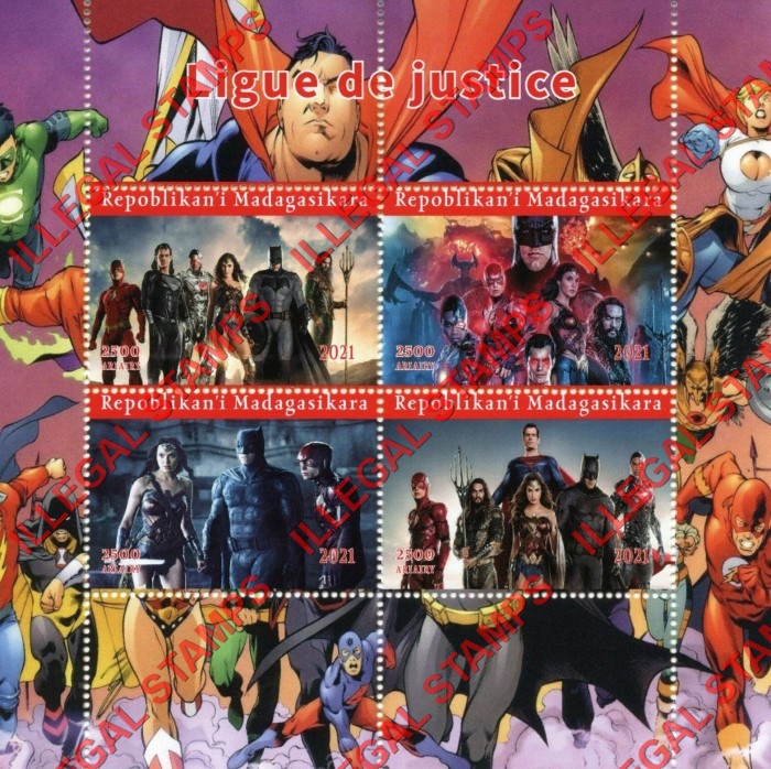 Madagascar 2021 Justice League Illegal Stamp Souvenir Sheet of 4 Madagascar 2021 Justice League Illegal Stamp Souvenir Sheet of 4
