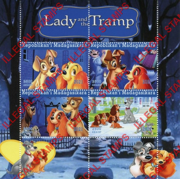 Madagascar 2021 Lady and the Tramp Illegal Stamp Souvenir Sheet of 4 Madagascar 2021 Lady and the Tramp Illegal Stamp Souvenir Sheet of 4