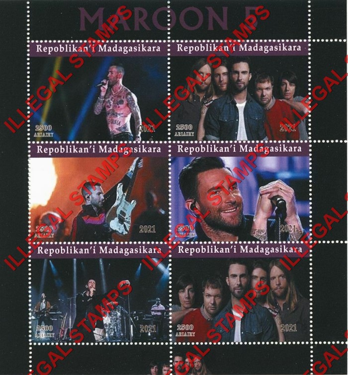 Madagascar 2021 Maroon 5 Rock Band Illegal Stamp Souvenir Sheet of 6 Madagascar 2021 Maroon 5 Rock Band Illegal Stamp Souvenir Sheet of 6
