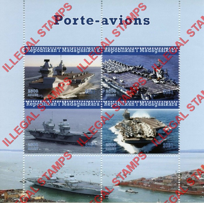 Madagascar 2021 Military Ships Aircraft Carriers Illegal Stamp Souvenir Sheet of 4 Madagascar 2021 Military Ships Aircraft Carriers Illegal Stamp Souvenir Sheet of 4