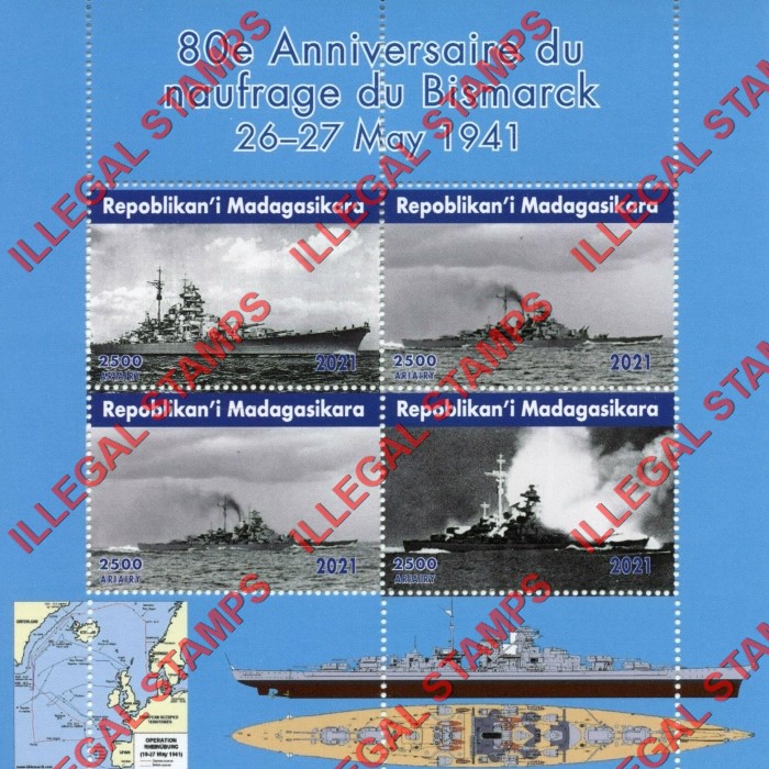 Madagascar 2021 Military Ships Sinking of the Bismarck Illegal Stamp Souvenir Sheet of 4 Madagascar 2021 Military Ships Sinking of the Bismarck Illegal Stamp Souvenir Sheet of 4