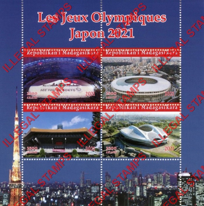 Madagascar 2021 Olympic Games in Japan in 2021 Stadiums Illegal Stamp Souvenir Sheet of 4 Madagascar 2021 Olympic Games in Japan in 2021 Stadiums Illegal Stamp Souvenir Sheet of 4