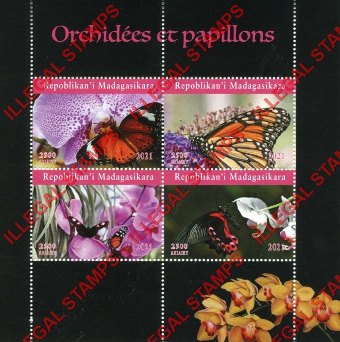 Madagascar 2021 Orchids and Butterflies Illegal Stamp Souvenir Sheet of 4 Madagascar 2021 Orchids and Butterflies Illegal Stamp Souvenir Sheet of 4
