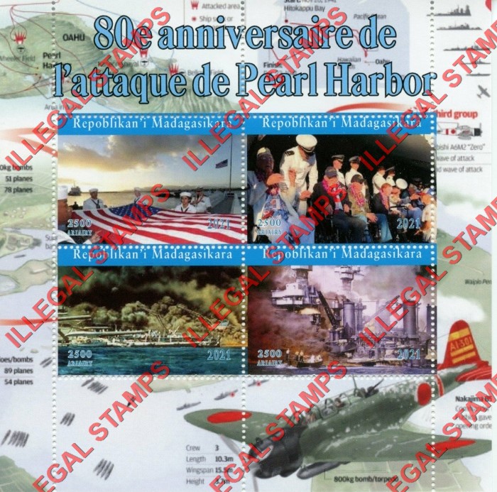 Madagascar 2021 Pearl Harbor Stadiums Illegal Stamp Souvenir Sheet of 4 Madagascar 2021 Pearl Harbor Illegal Stamp Souvenir Sheet of 4